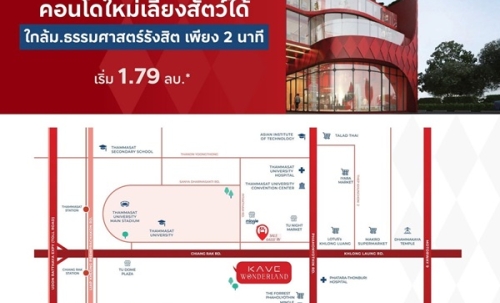 ขายคอนโดใหม่ Kave Wonderland ใกล้ ม.ธรรมศาสตร์ แต่งครบ พร้อมอยู่ เลี้ยงสัตว์ได้ โทร 0616161426