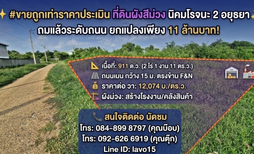 #ขายถูกเท่าราคาประเมิน ที่ดินผังสีม่วง 911 ตร.ว. นิคมโรจนะ 2 อยุธยา✨ ถมแล้วระดับถนน ยกแปลงเพียง 11 ล้านบาท! (วาละ 12,074 บ. / ค่าโอนคนละครึ่ง)
