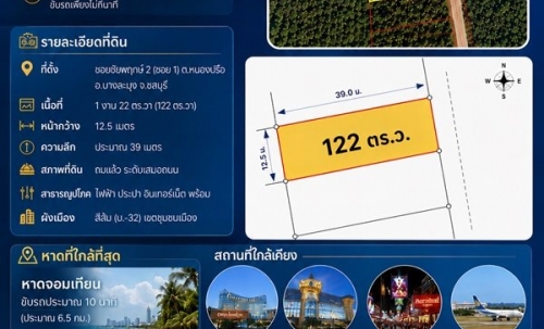 ขาย/เช่า ที่ดินเปล่า 122 ตร.ว. อยู่เขต EEC บางละมุง ชลบุรี ทำเลดี เข้า-ออกสะดวก โทร 085-9196101