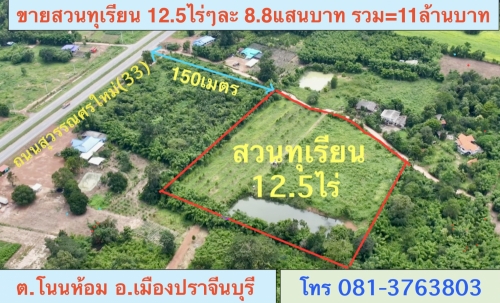 ขายสวนทุเรียน  12.5 ไร่  ตำบลโนนห้อม อำเภอเมือง จังหวัดปราจีนบุรี
