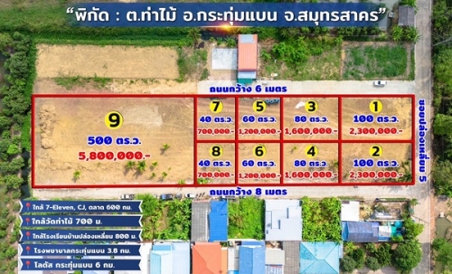 ขายที่ดินใกล้วัดท่าไม้ อ.กระทุ่มแบน สมุทรสาคร แบ่งขายเริ่มที่ 40 ตร.วา ใกล้ 7-11 CJ ตลาด โทร 082-8756645