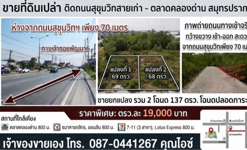 ขายที่ดินเปล่า นส4 มี2แปลง 68,69 ตรว. ล้านต้นๆ ที่ดินห่างจากถนนสุขุมวิทสายเก่าเพียง70 เมตร